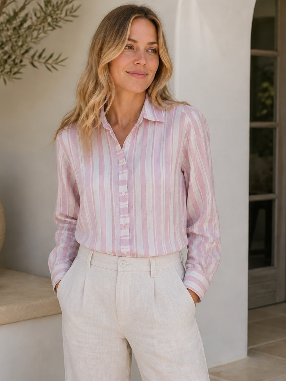 Foxcroft 100% Linen Shirt Women Size 8 Button Up Purple Pink Striped Easy Care